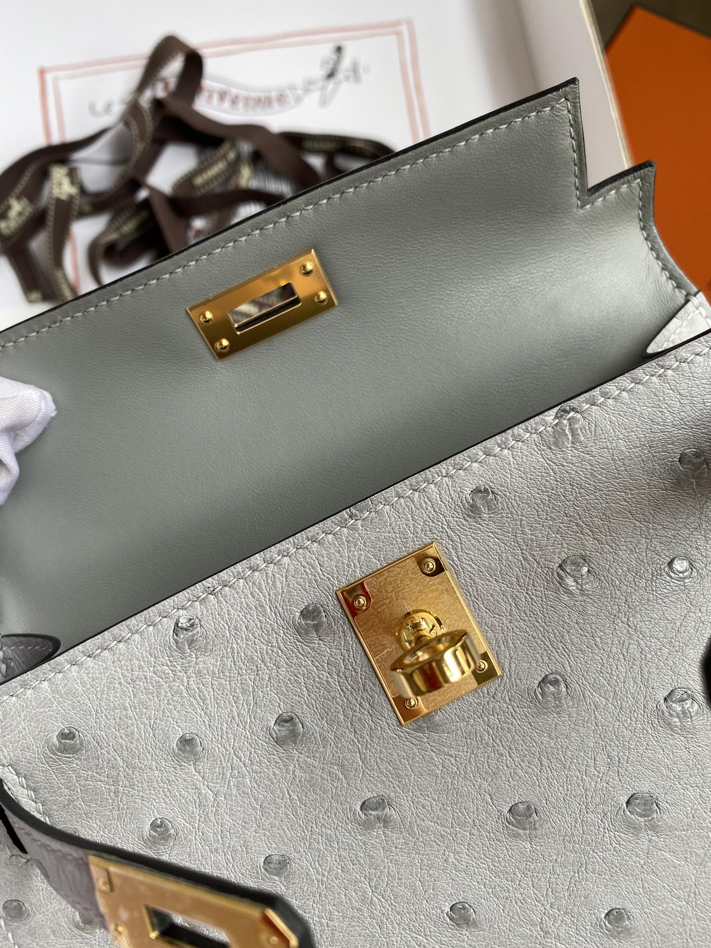 Hermes Kelly Mini II Bag 19CM In Grey Ostrich Leather